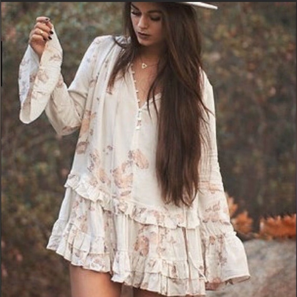 Boho Cream Floral Ruffle Mini Dress